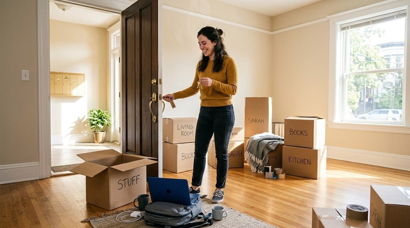 Student mit Aktentasche und Urkunde vor Hochschulgebäude