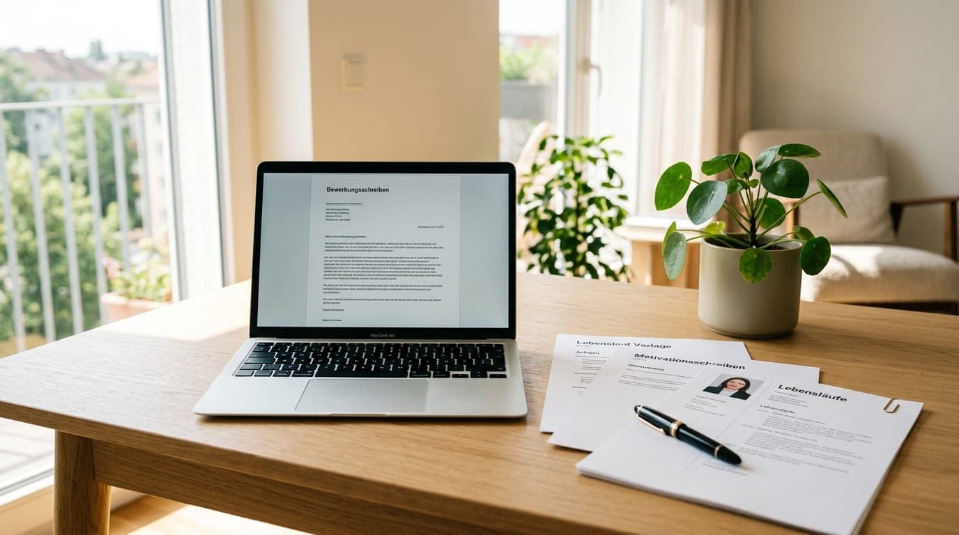 Anschreiben Muster auf Schreibtisch mit Stift und Lebenslauf, bereit zur Bewerbung 2026