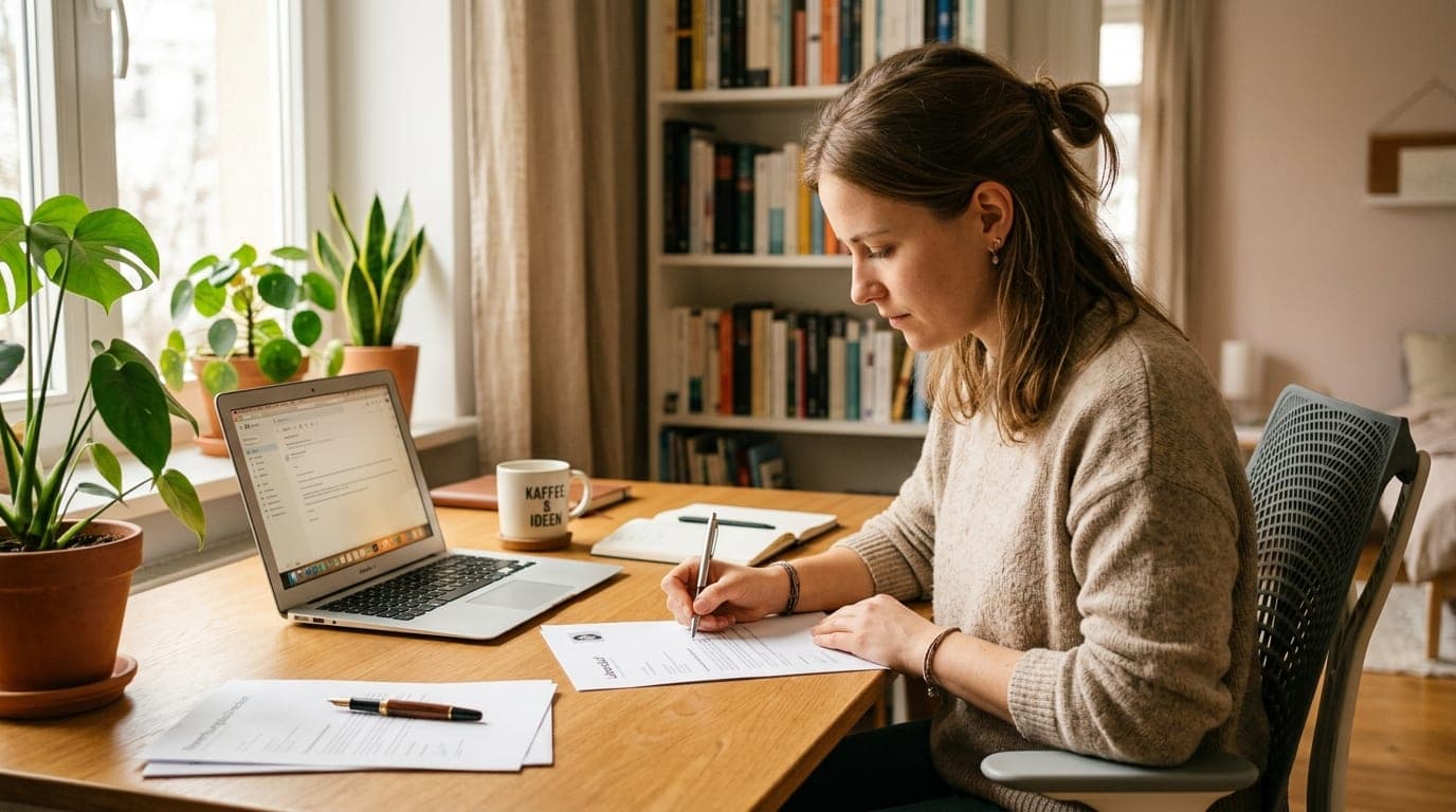Person sitzt am Schreibtisch und schreibt eine Bewerbung nach einer Kündigung
