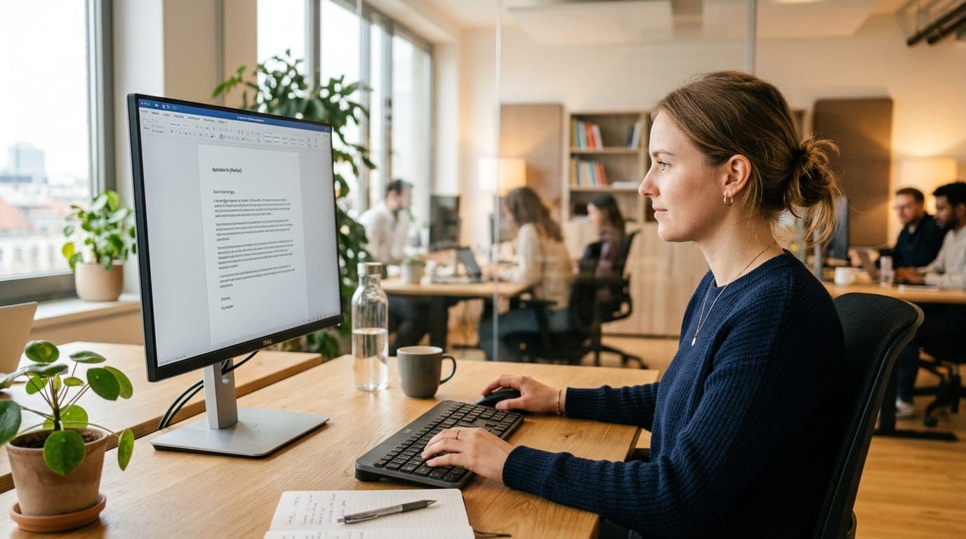 Englisches Bewerbungsschreiben Cover Letter auf einem Bildschirm mit internationalem Büroumfeld