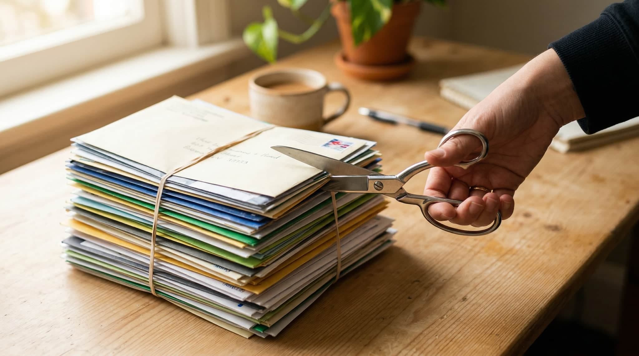 Schere schneidet durch einen Stapel bunter Abo-Briefe und Umschläge