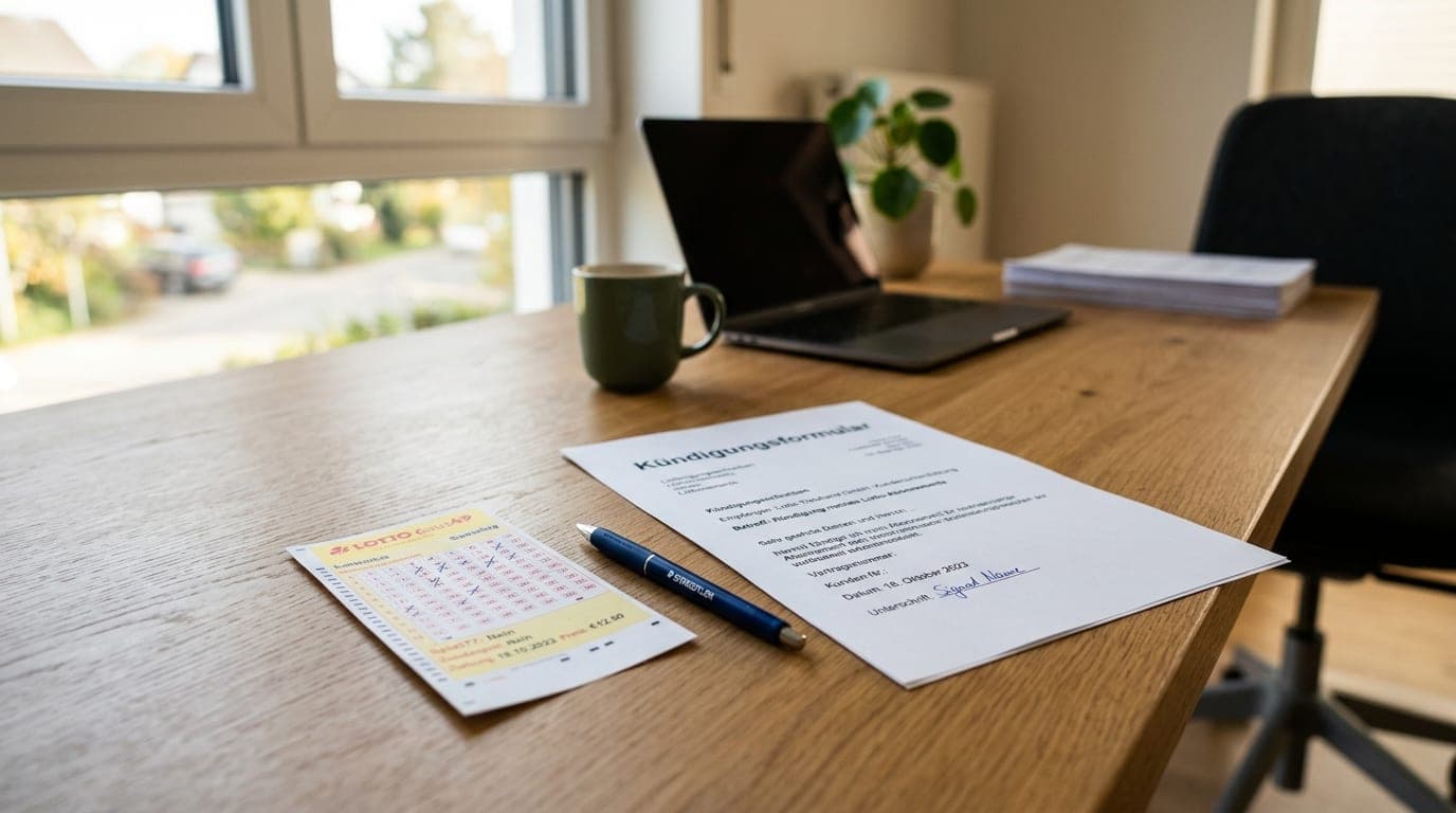 Lottoschein und Kündigungsschreiben auf einem Schreibtisch