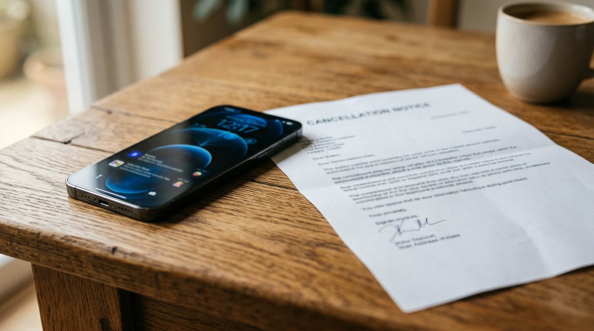 Smartphone neben einem Kündigungsschreiben für Mobilfunkvertrag