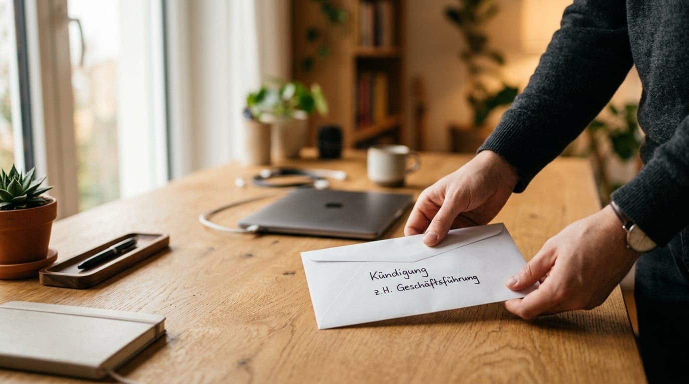 Person legt Kündigungsschreiben in der Probezeit auf einen modernen Schreibtisch