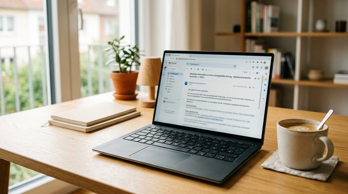 Laptop mit geöffneter E-Mail an die Telekom auf einem Schreibtisch