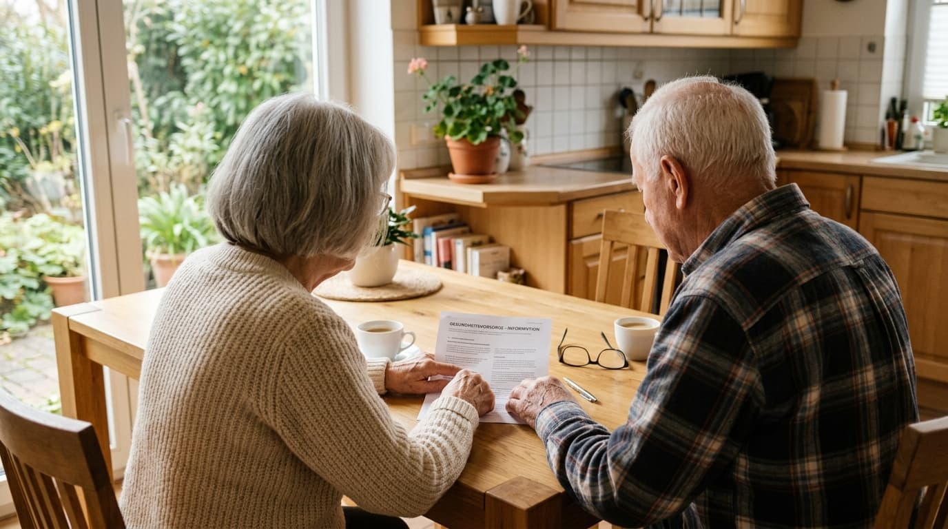 Älteres Paar sitzt gemeinsam am Küchentisch und bespricht ein Vorsorgedokument im Morgenlicht