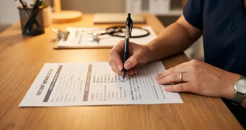 Hand füllt Formular für Patientenverfügung aus