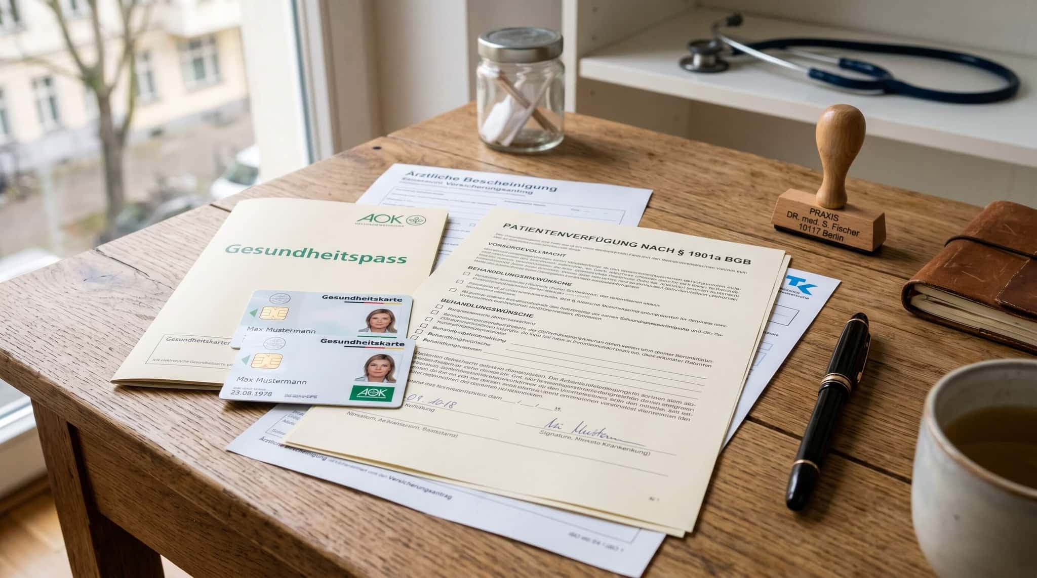 Krankenkassen-Unterlagen und Patientenverfügungsformular auf einem Schreibtisch, Versicherungskarten sichtbar