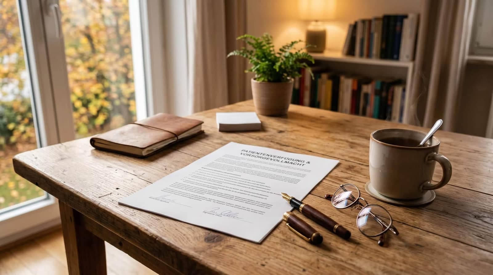 Patientenverfügung-Dokument mit Füllfederhalter und Lesebrille auf einem Holzschreibtisch