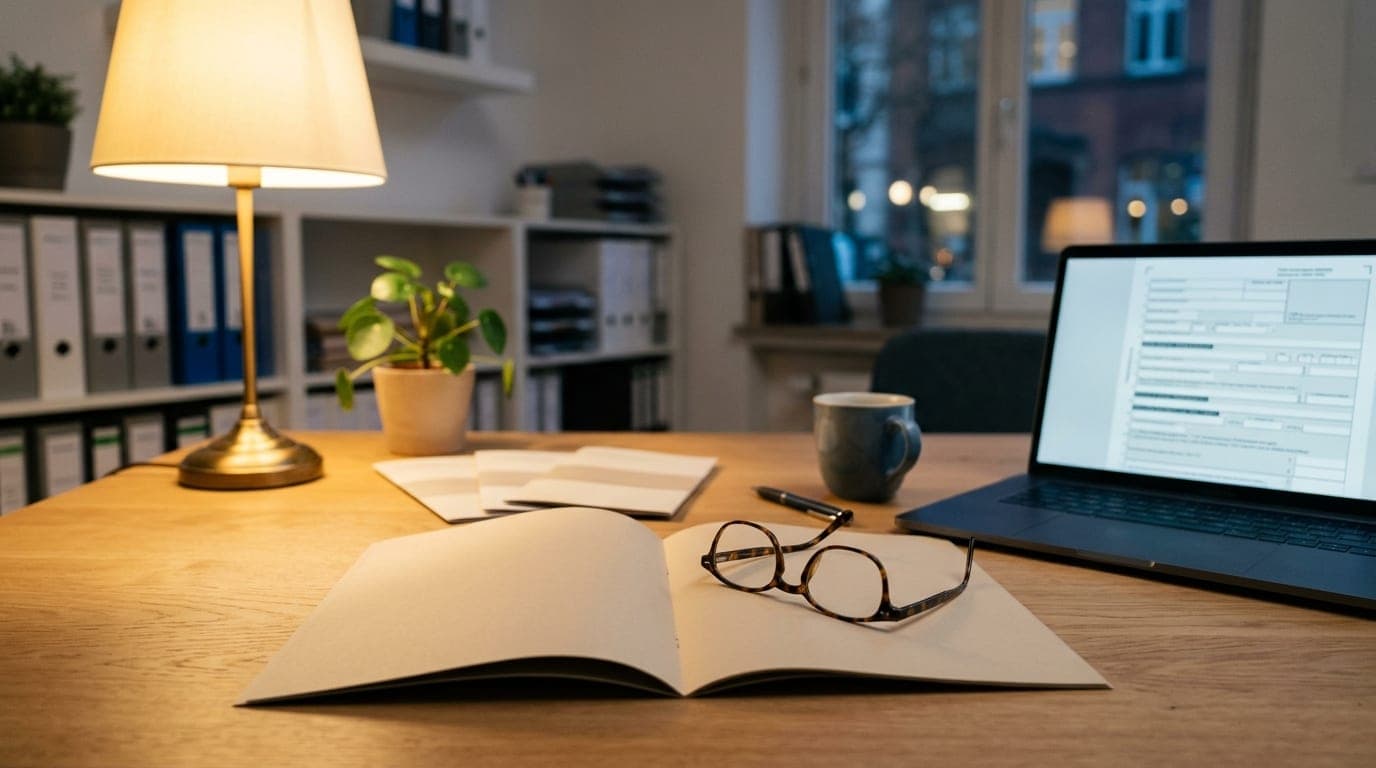 Beratungsschreibtisch mit geöffneter Broschüre, Lesebrille und Laptop in warmem Bürolicht