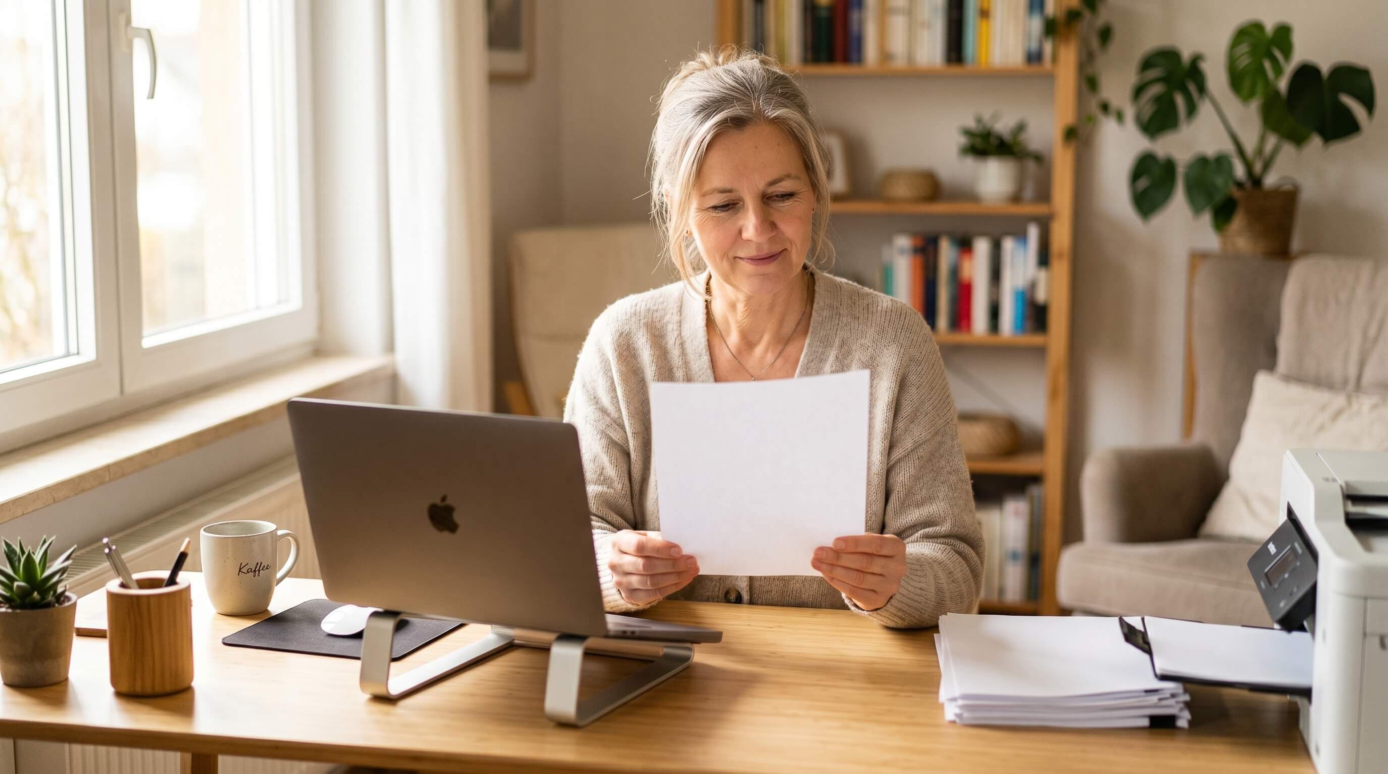 Drucker gibt fertig gedruckte Patientenverfügung aus, warmes Bürolicht, Holzschreibtisch im Hintergrund