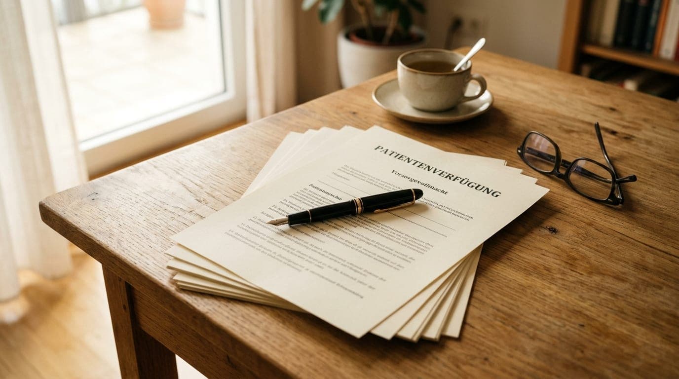 Stapel von Patientenverfügungs-Vordrucken auf einem Holztisch mit Füllfederhalter und Lesebrille im warmen Nachmittagslicht