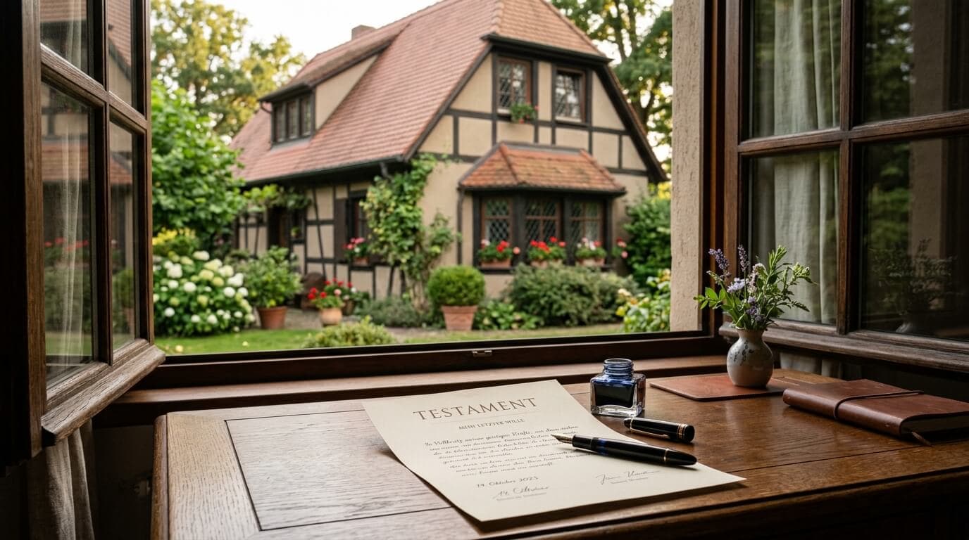 Schreibtisch mit Testament-Dokument und Füllfederhalter, im Hintergrund ein klassisches deutsches Einfamilienhaus durch ein Fenster sichtbar