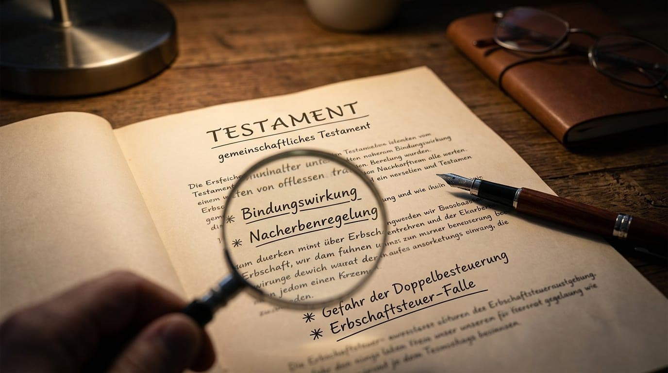 Testament auf Schreibtisch mit Lupe und Füllfederhalter — Berliner Testament Nachteile