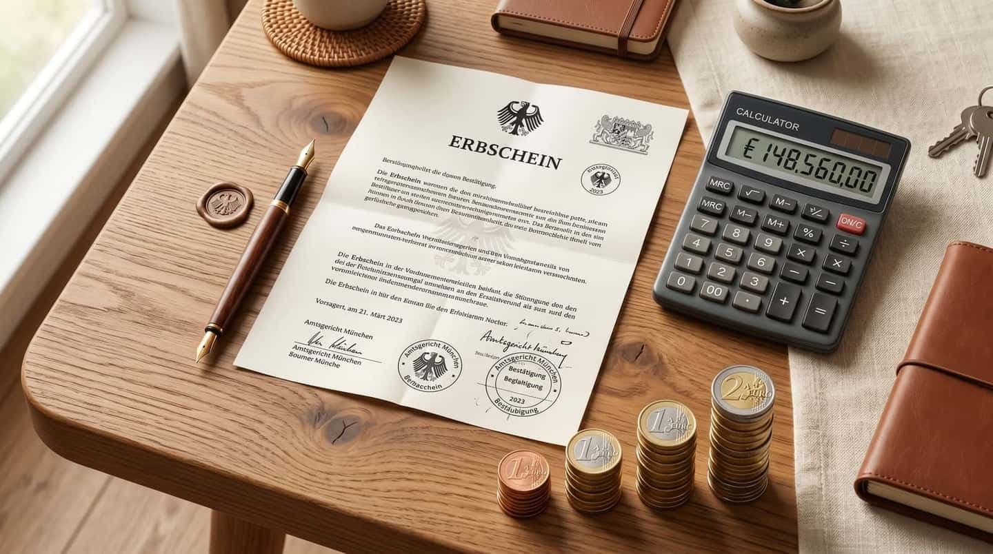 Taschenrechner, Erbschein-Dokument und aufgestapelte Münzen auf Holztisch — Erbschein Kosten Tabelle 2026
