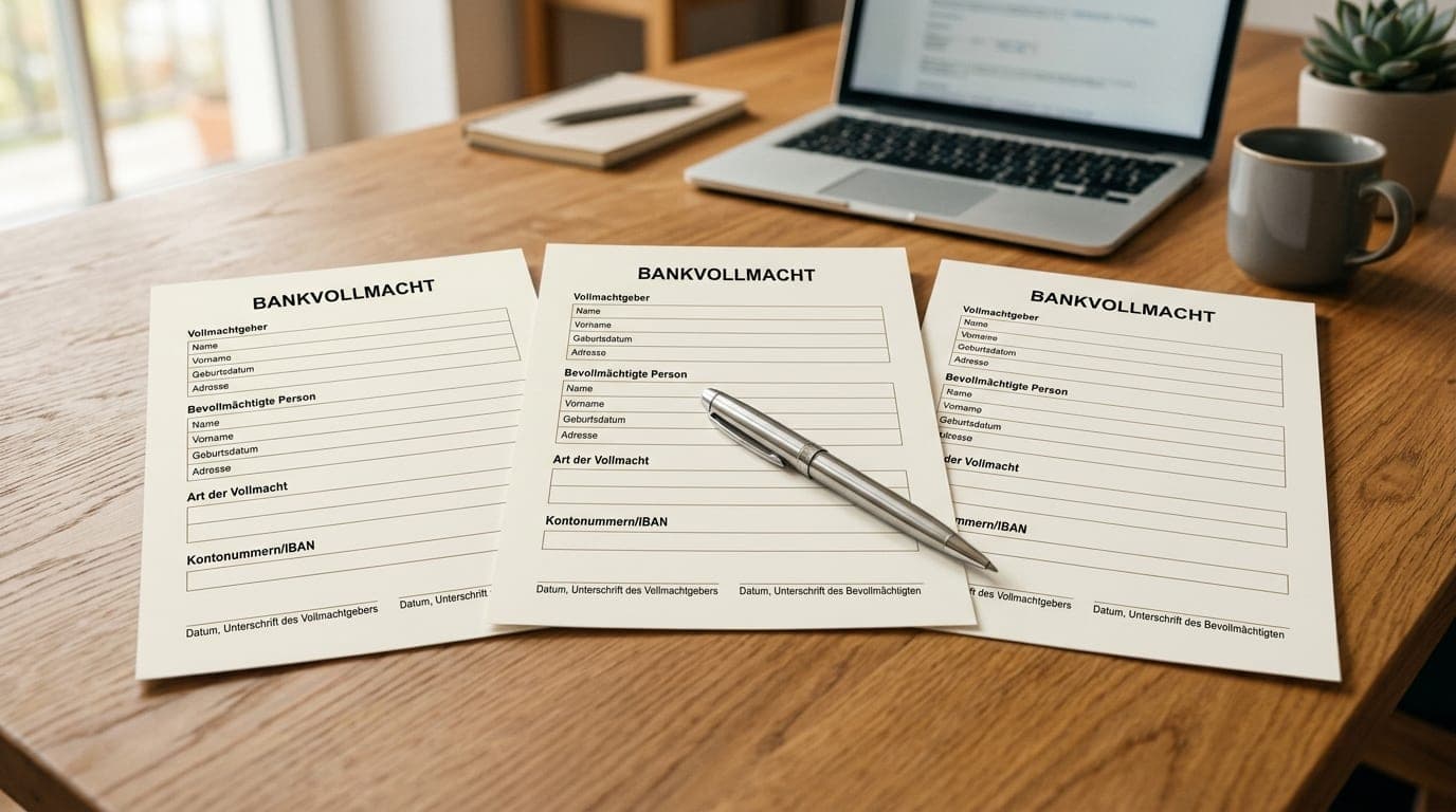 Drei Bankvollmacht-Formulare auf einem Holzschreibtisch mit silbernem Stift und Laptop im Hintergrund