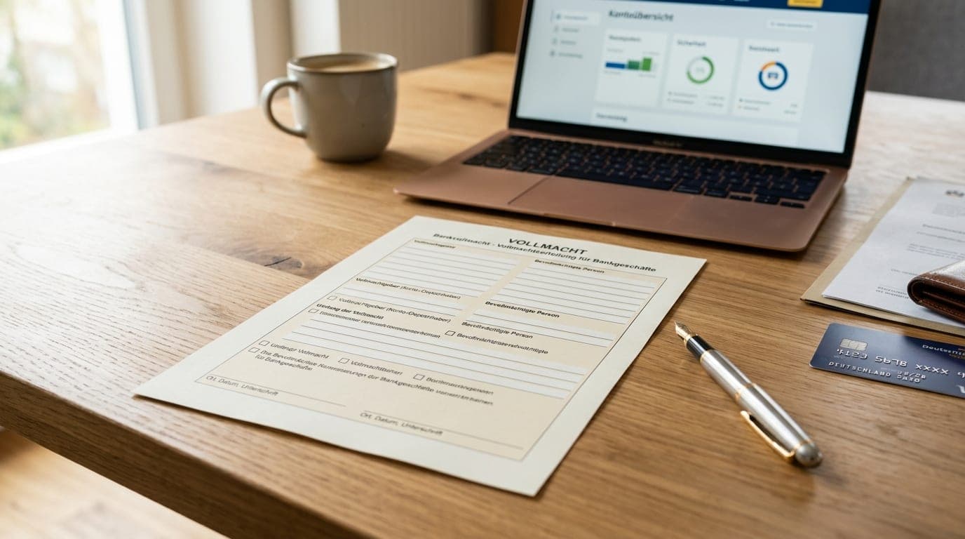 Ausgedrucktes Bankvollmacht-Formular auf einem Holzschreibtisch mit Füller und Kreditkarte