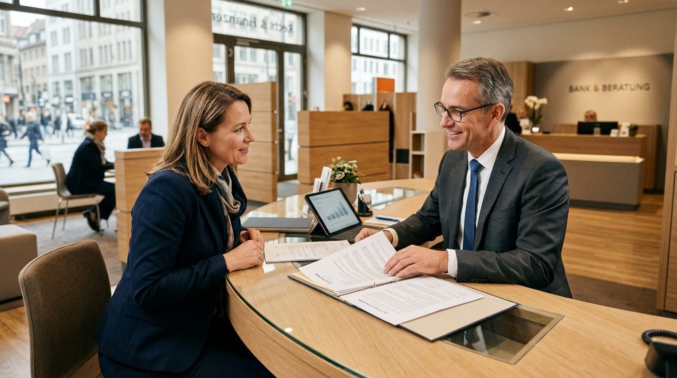 Person bei der Bank mit einem Vollmacht-Dokument — Vorsorgevollmacht und Bankgeschäfte