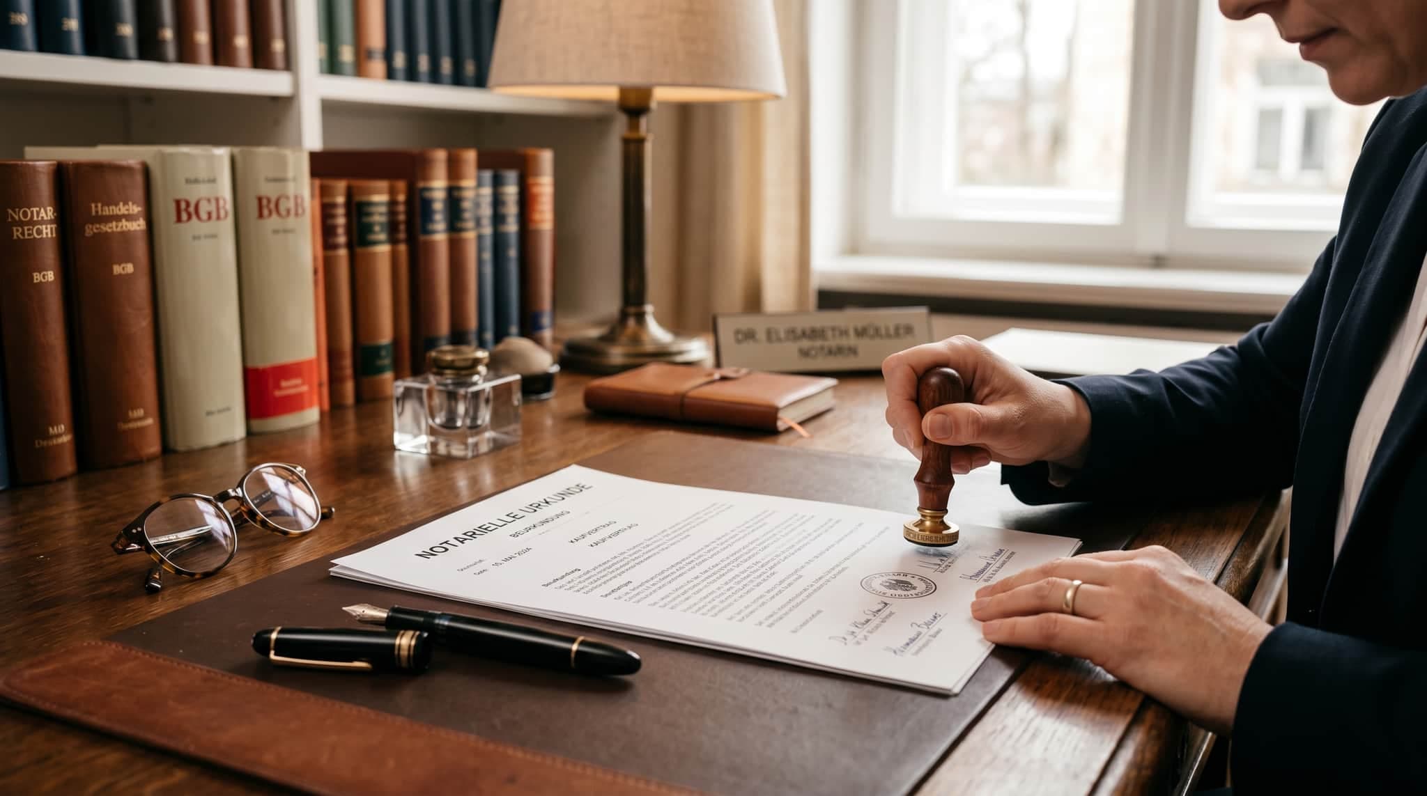 Notariatsstempel wird auf ein deutsches Rechtsdokument gedrückt, eleganter Schreibtisch mit Füllfederhalter und Lesebrille