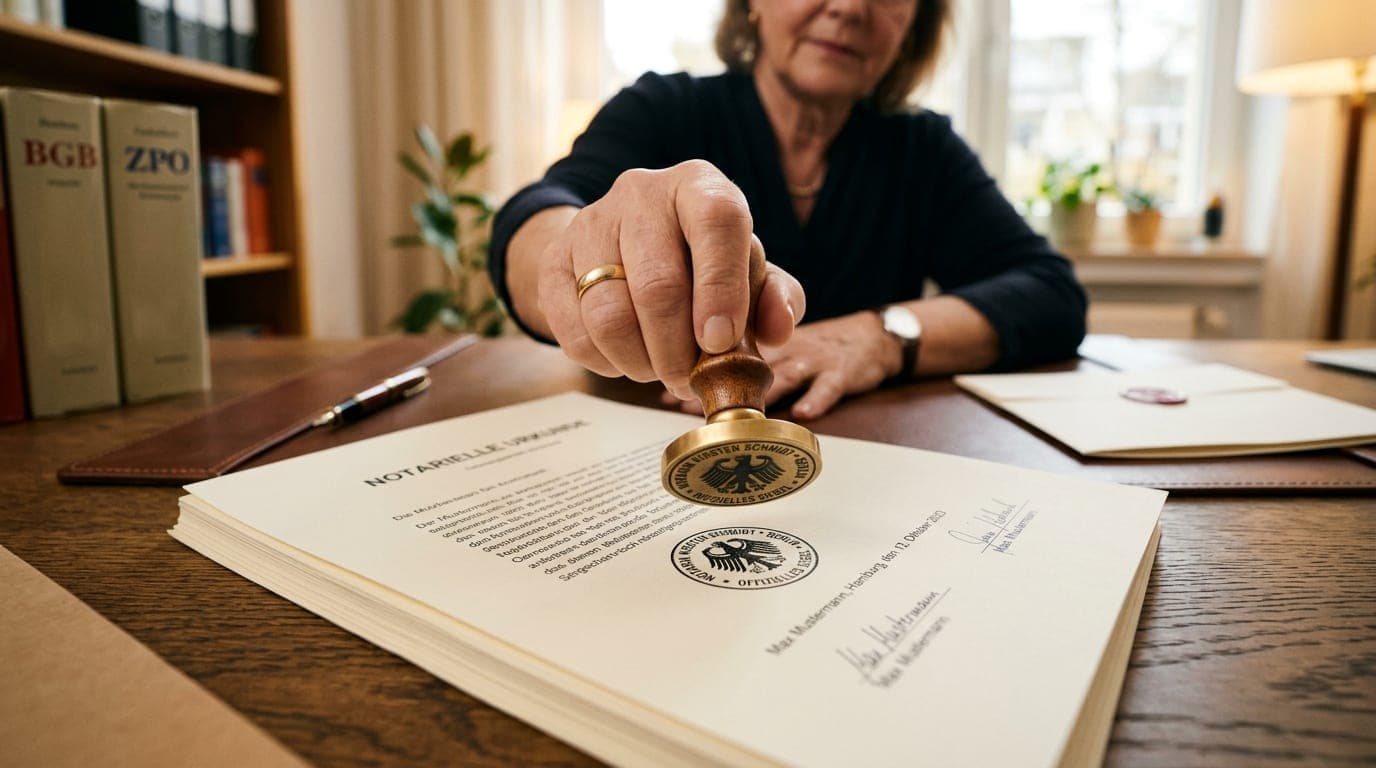Notar mit Stempel beglaubigt Unterschrift auf Vorsorgevollmacht