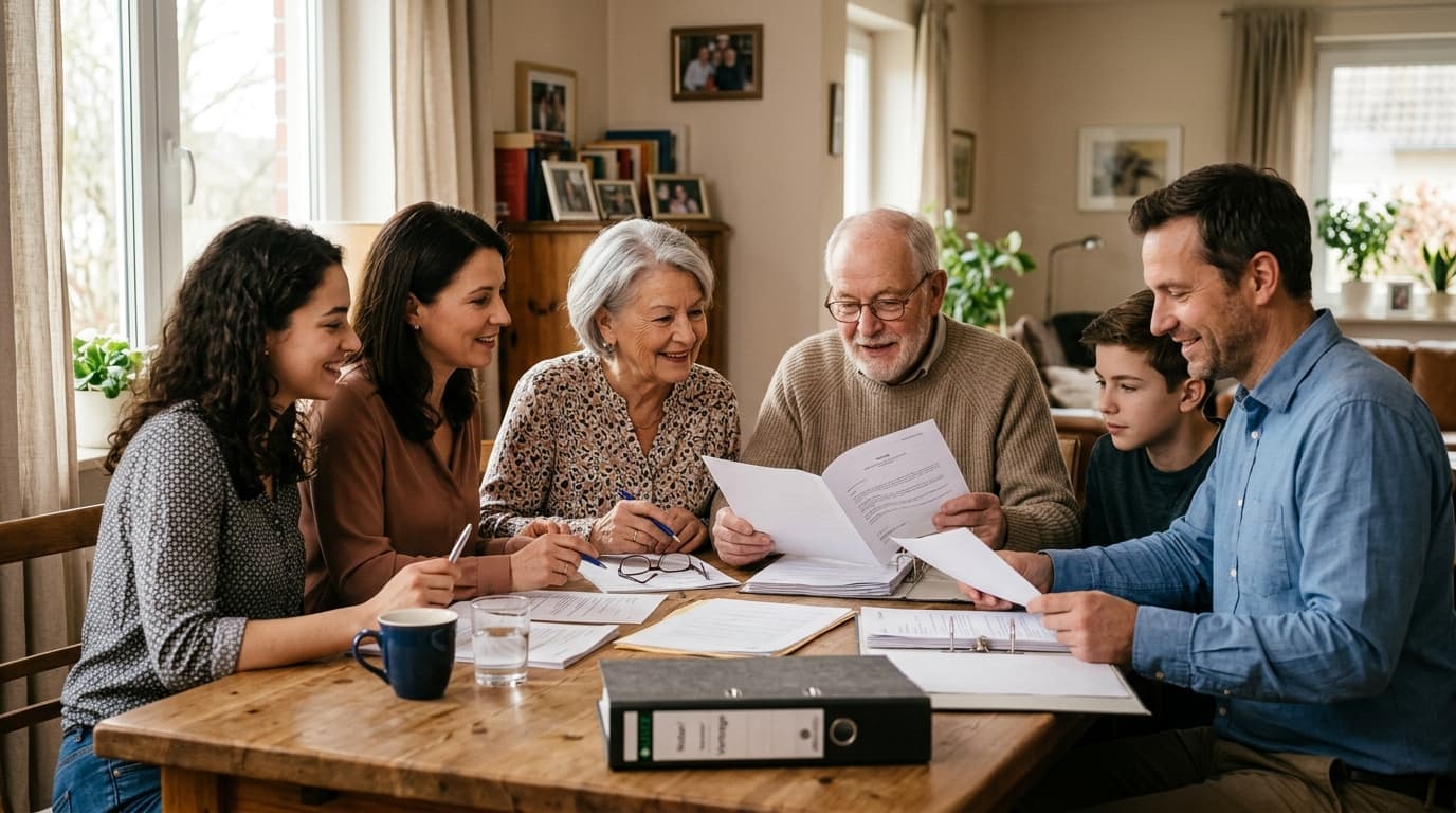 Drei Personen sitzen zusammen und besprechen ein Dokument — Vorsorgevollmacht mit mehreren Bevollmächtigten