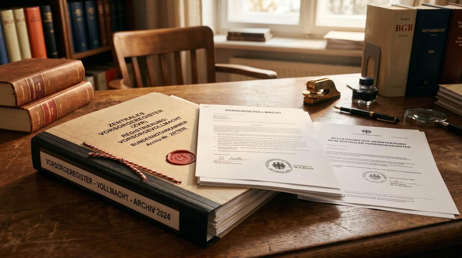 Archivordner mit deutschen Rechtsdokumenten und Notariatsstempel auf warmem Holzschreibtisch, nachmittägliches Licht