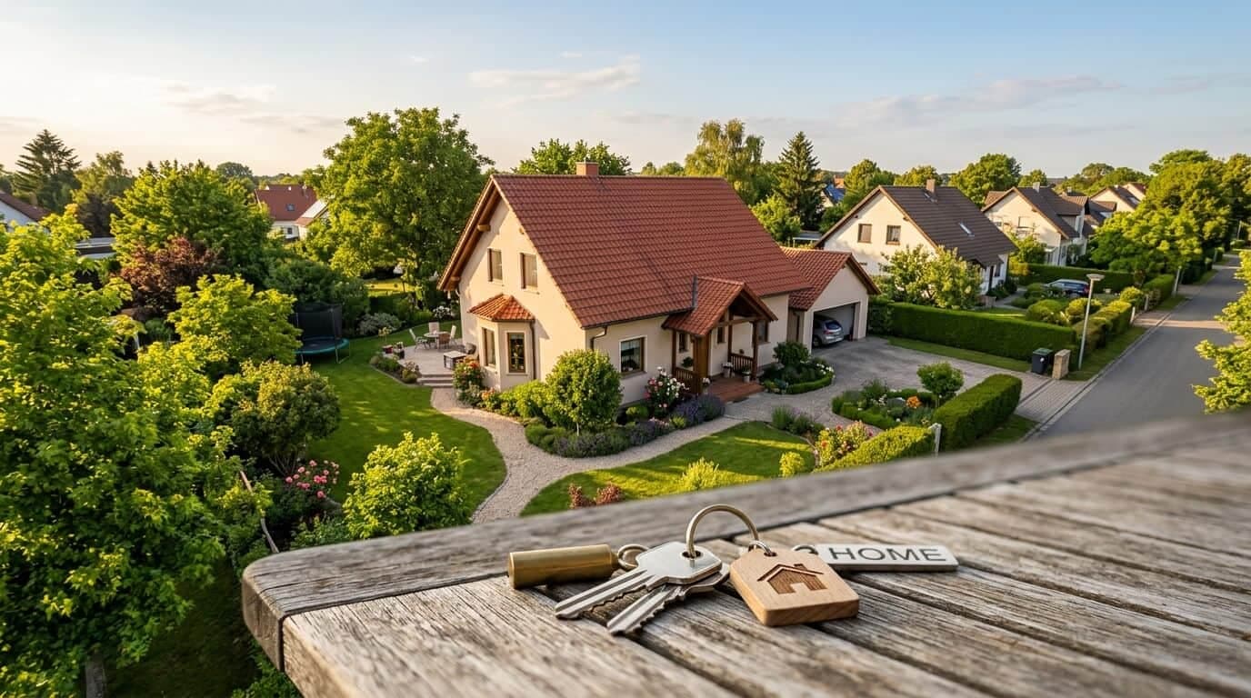 Einfamilienhaus mit Schlüssel und Taschenrechner