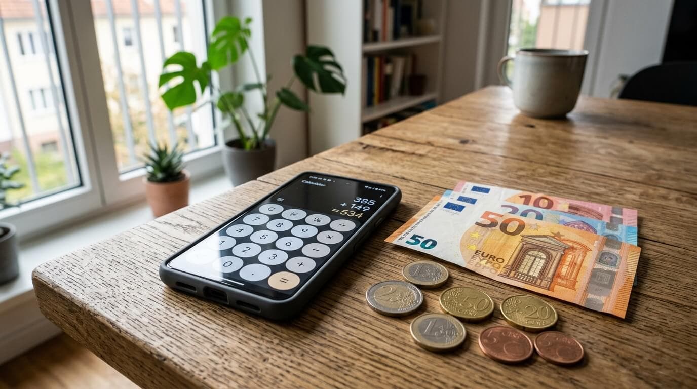 Taschenrechner neben Mietvertrag und Wohngeldantrag