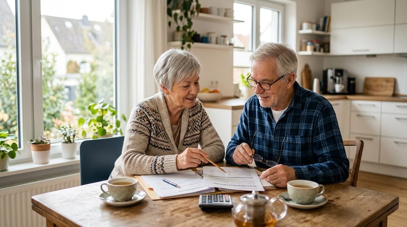 Älteres Ehepaar am Küchentisch mit Unterlagen und Tee