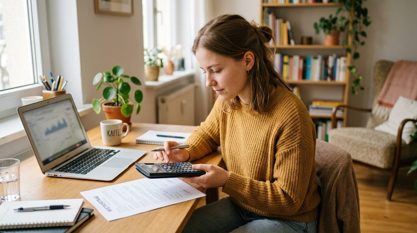 Student am Schreibtisch mit Taschenrechner und Mietvertrag