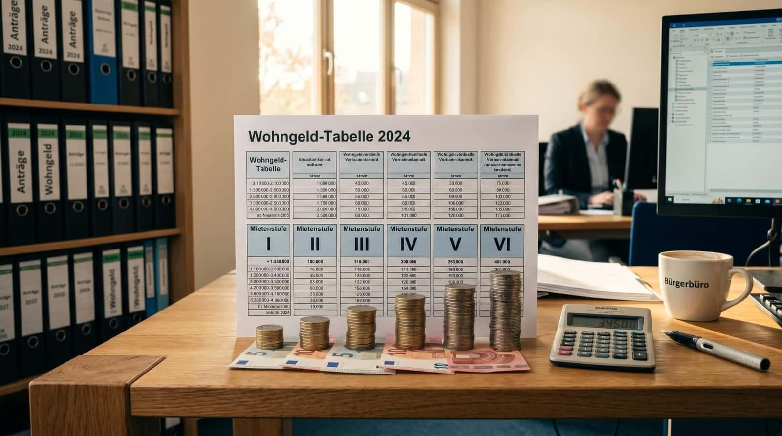 Wohngeld-Tabelle 2026 auf Schreibtisch mit Taschenrechner und Euro-Münzen nach Mietenstufen sortiert
