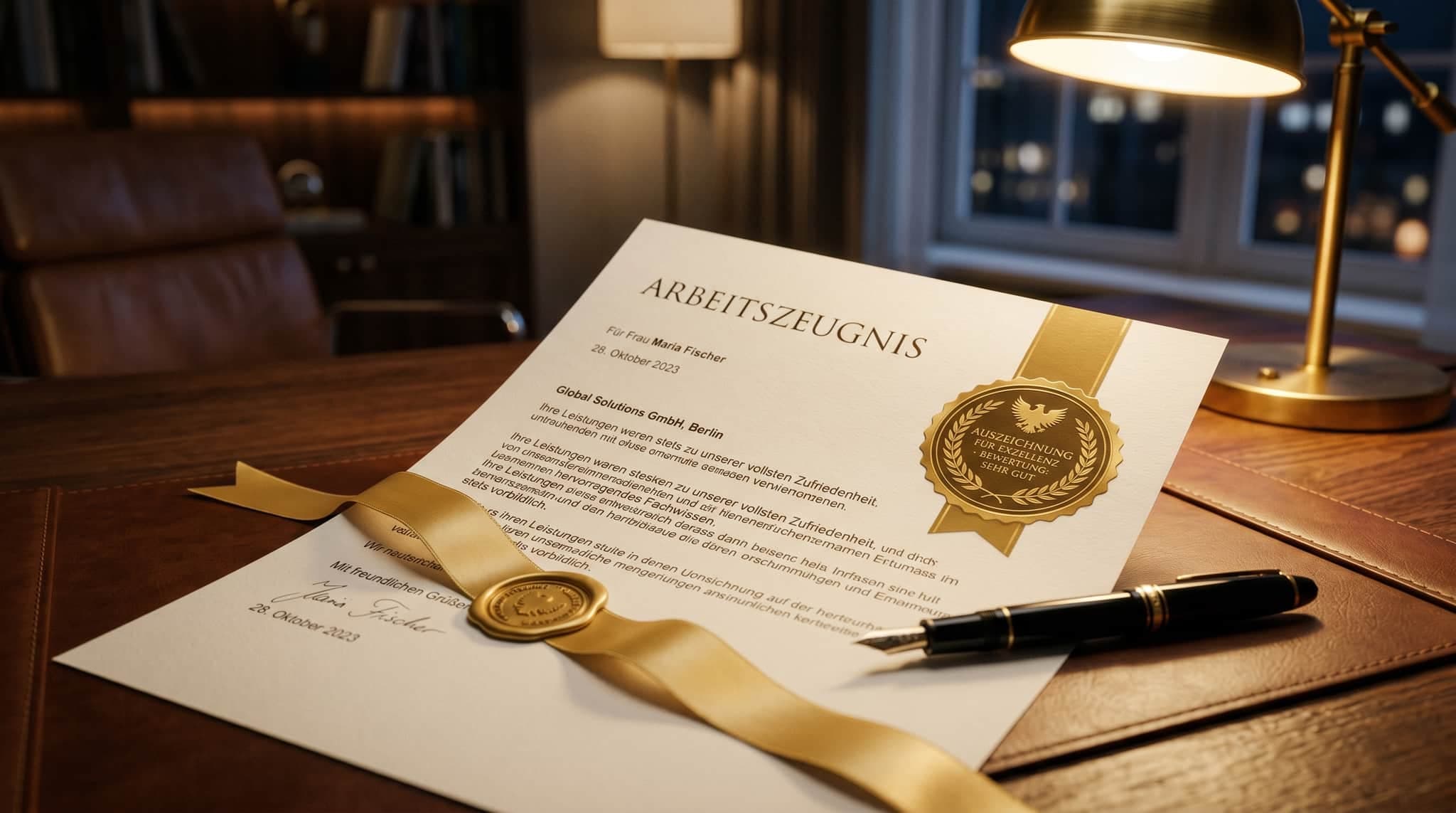 Arbeitszeugnis mit Note 1 — Gütesiegel, Füllfeder und goldenes Band auf dem Schreibtisch