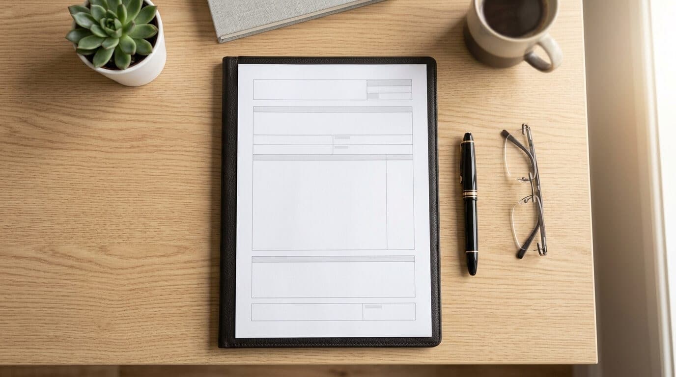 Ausgedruckte Arbeitszeugnis-Vorlage auf einem Schreibtisch neben einem Stift