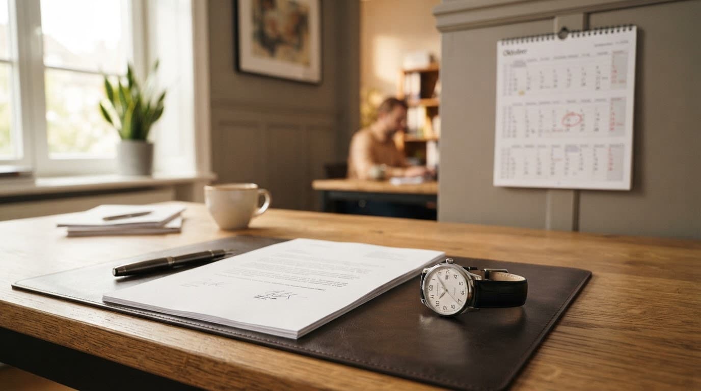Unterschriebener Aufhebungsvertrag auf Schreibtisch, Kalender mit markiertem Datum im Hintergrund