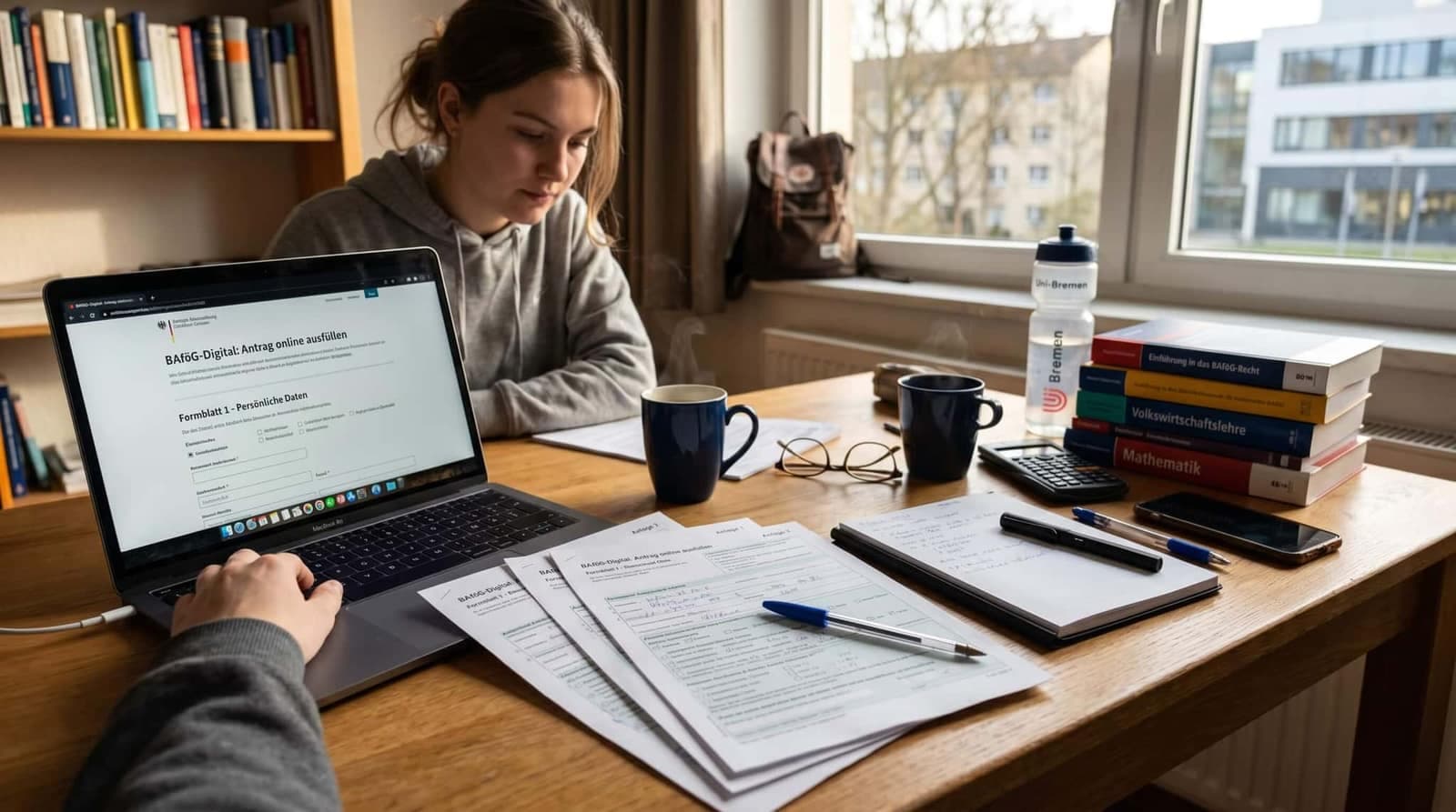 Studentenschreibtisch mit BAföG-Antragsformularen, Laptop mit Online-Portal und Büchern
