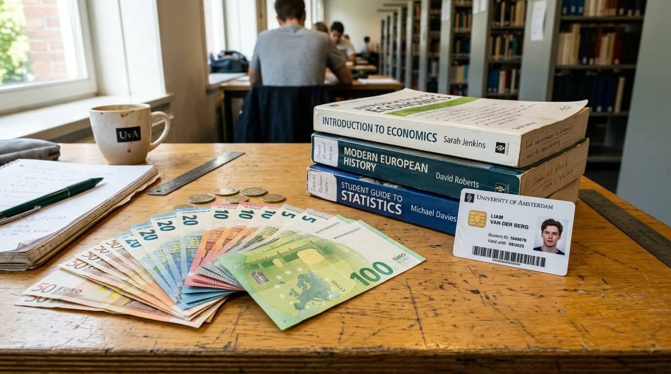 BAföG-Höchstsatz 2026 von 992 Euro — Studierende an Universität mit Notizbuch und Geldmünzen