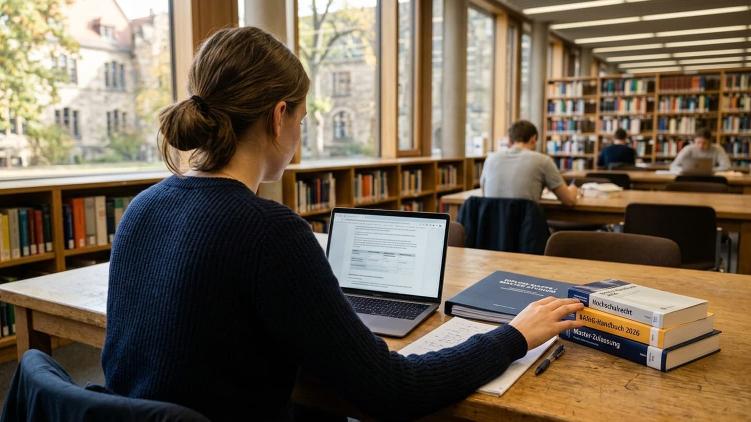 Master-BAföG 2026 — Studierender mit Diplom-Mappe und Laptop am Hochschul-Campus