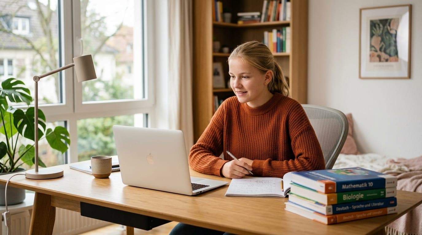 Schüler-BAföG 2026 — Schülerin mit Schulbüchern und Laptop am Schreibtisch