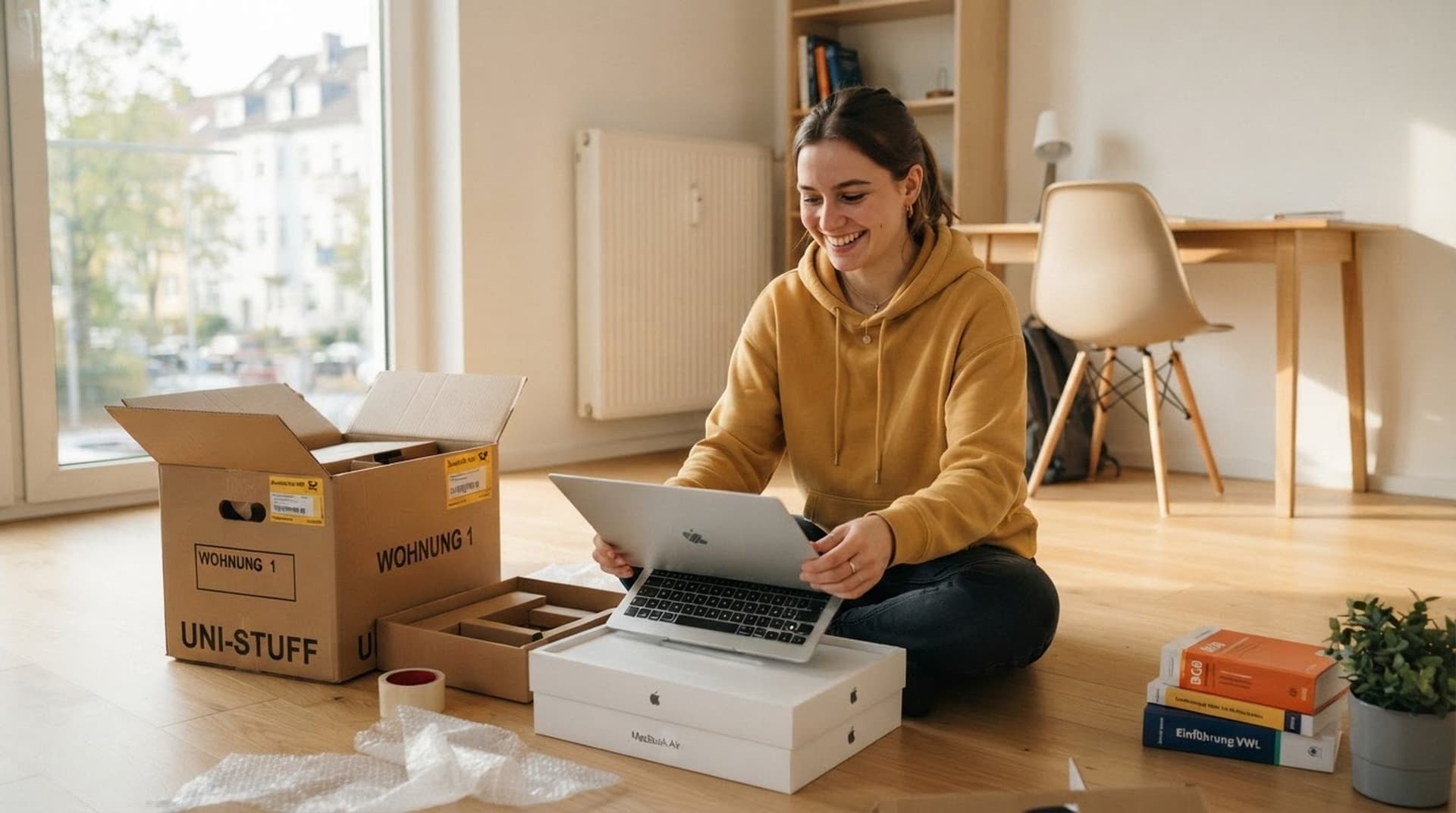 Studienstarthilfe — Studienanfänger packt in der ersten Wohnung einen neuen Laptop aus