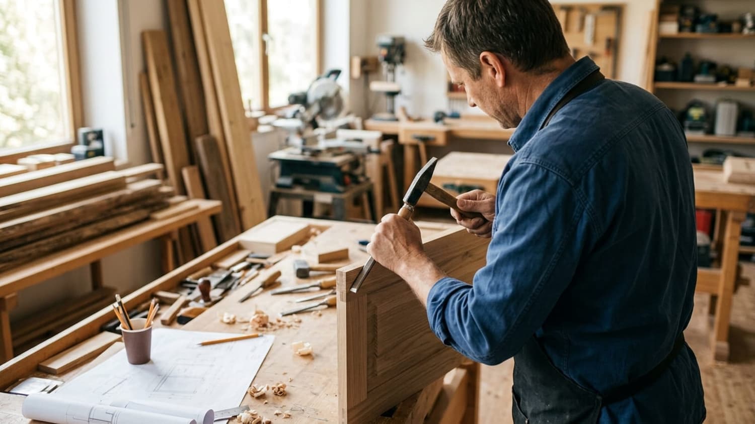Handwerker mit Werkzeugen in einer Werkstatt, freundliche Atmosphäre