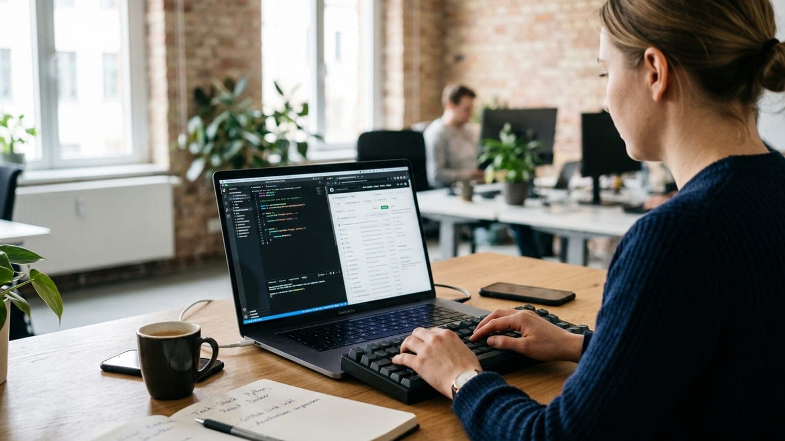 Entwicklerin am Laptop mit Code-Editor, GitHub im Browser geöffnet