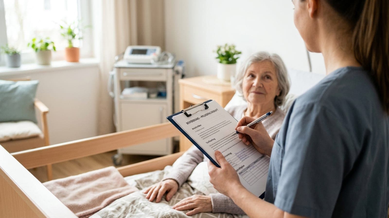 Pflegekraft mit Klemmbrett am Patientenbett, freundliche Atmosphäre