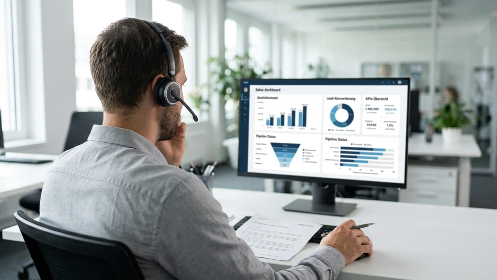 Vertriebsmitarbeiter mit Headset am Telefon, Dashboard mit Verkaufszahlen im Hintergrund