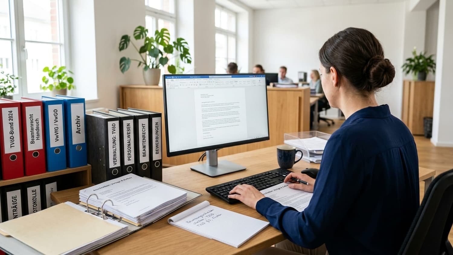 Verwaltungsmitarbeiterin am Schreibtisch mit Aktenordnern und PC