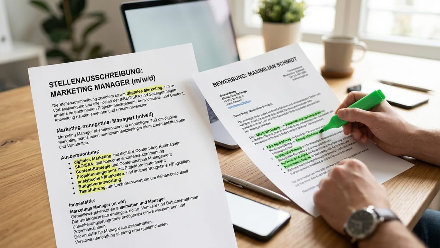 Stellenausschreibung mit hervorgehobenen Schlüsselwörtern und einer Bewerbung daneben