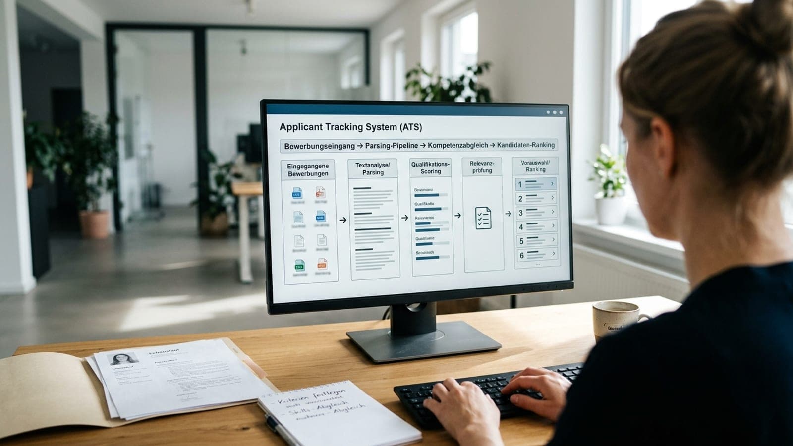 Schematische Darstellung eines ATS-Systems mit Parsing-Pipeline und Scoring-Komponenten