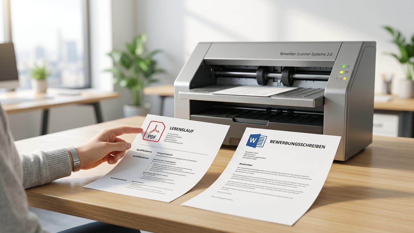 PDF- und Word-Symbole im Vergleich, mit einer ATS-Maschine im Hintergrund