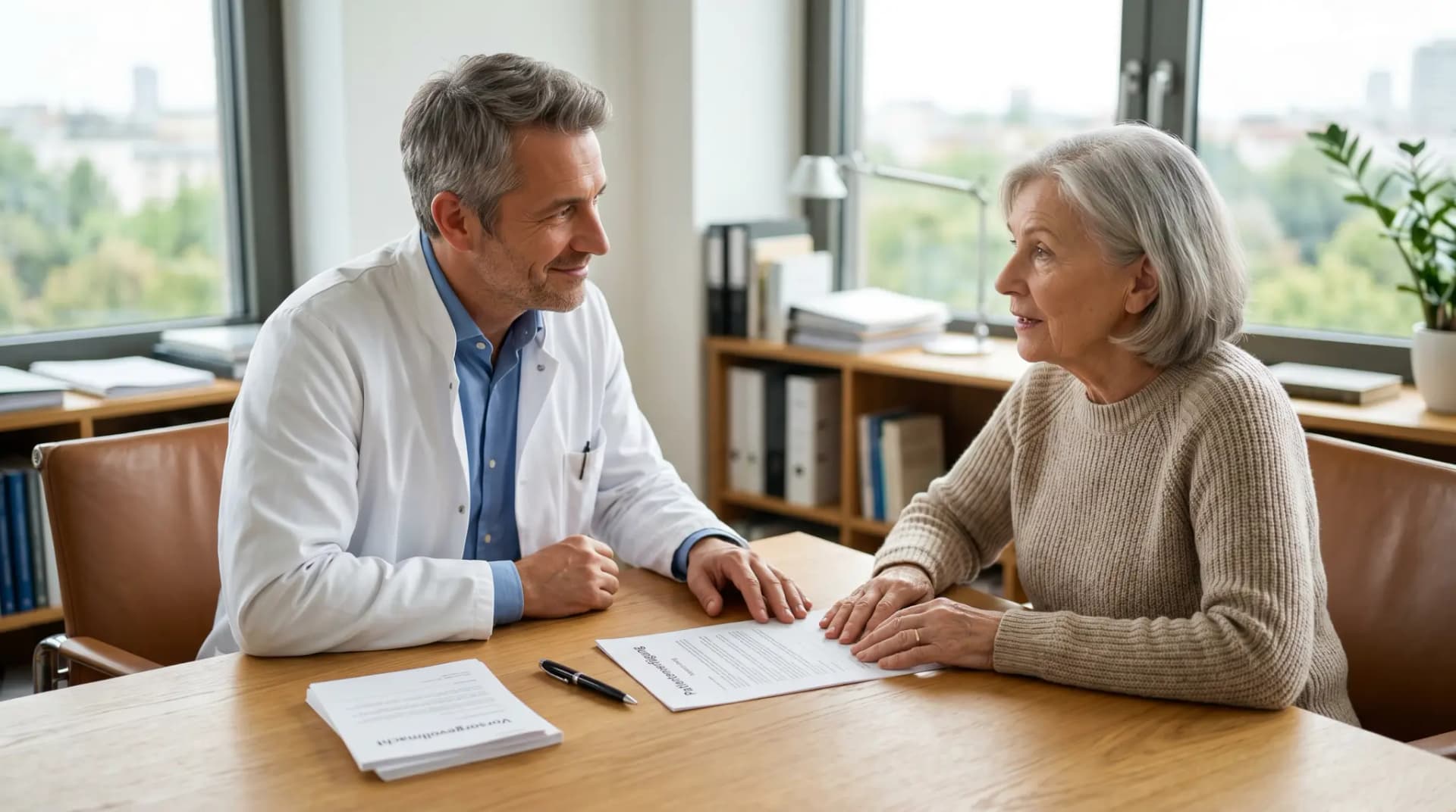 Arzt und Patient im vertraulichen Gespräch, Patientenverfügung auf dem Tisch
