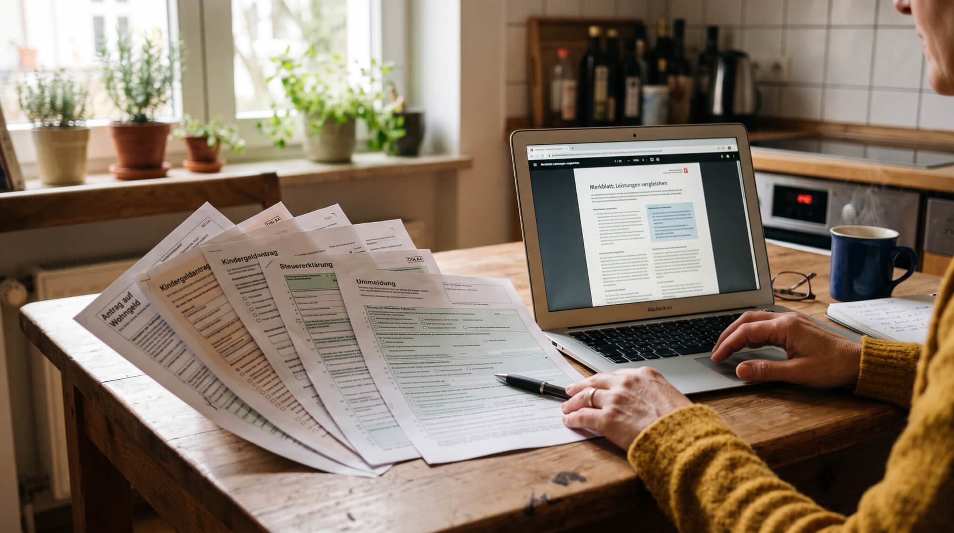 Verschiedene Formular-Ausdrucke und ein Laptop mit geöffnetem PDF auf einem Küchentisch