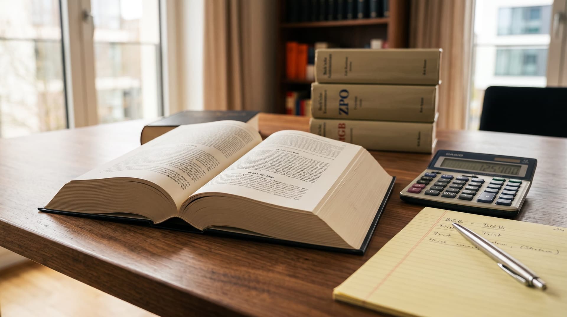 Aufgeschlagenes Gesetzbuch mit Taschenrechner und Notizblock auf einem Anwaltsschreibtisch — Anwaltskosten im Erbrecht